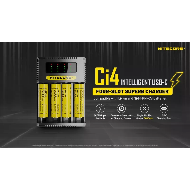 Battery charger Nitecore Ci4 — universal USB charger for Lithium‑Ion / NiCd / NiMH, 5/9/12V input, 3A, plastic, 0.1914 kg