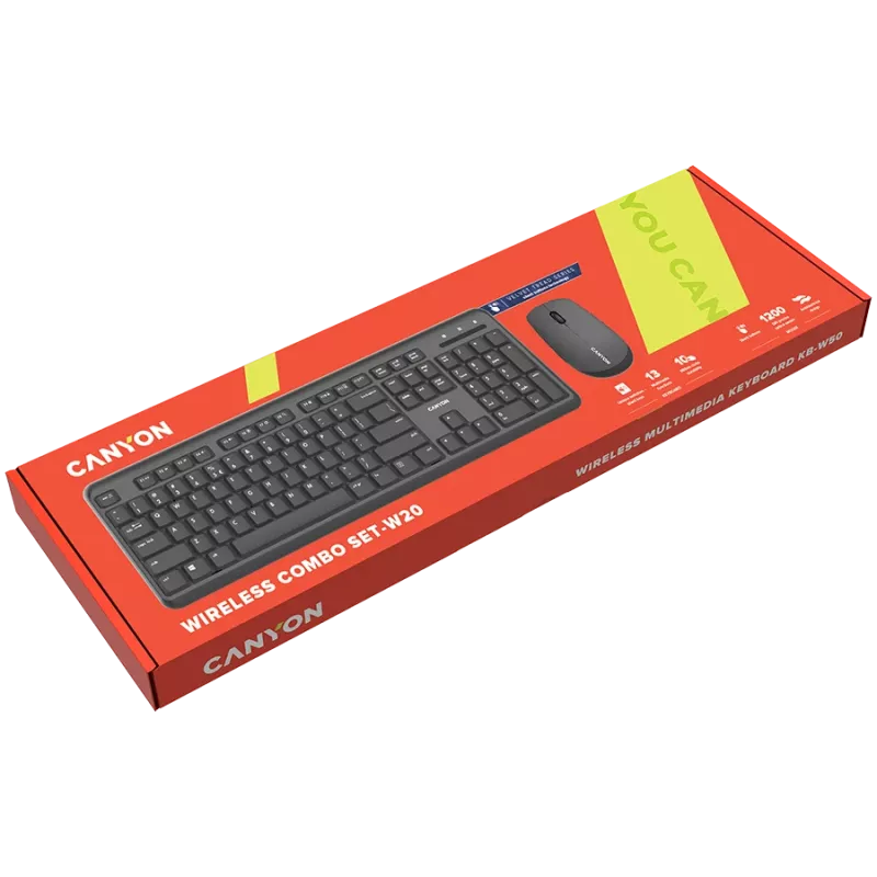 Wireless keyboard and mouse set CANYON CNS-HSETW02-UK/US Black Velvet — compact wireless combo with USB receiver