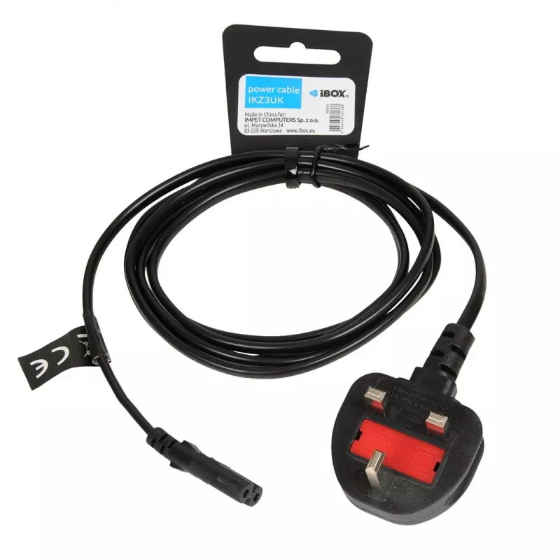 Power cable IBOX Euro 2-pin 1.8 m with UK plug VDE, IEC C7, black, copper conductor