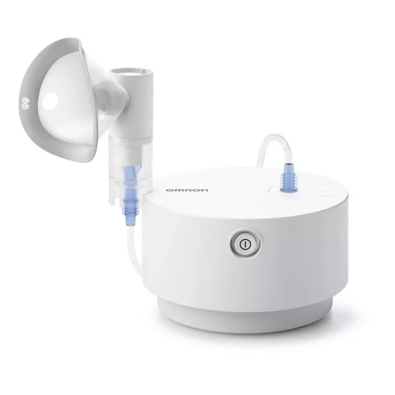 Tabletop nebulizer Omron C28P with 10 ml/min capacity, 2.65 µm particle size, white, dimensions 265×195×143 mm