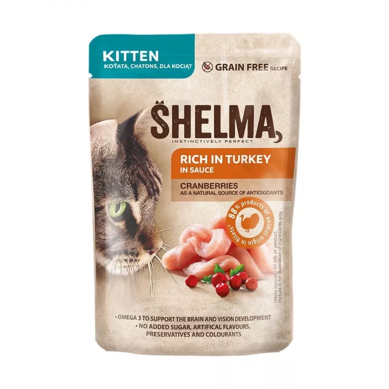Wet cat food SHELMA Kitten Salmon & Turkey in Sauce 4×85 g pouch, grain-free, complete feed