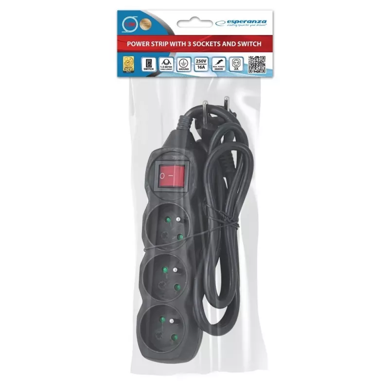 Power extension cord ESPERANZA ELK210K — 1.5 m cable, 3 Type E AC outlets, angled plug, indoor, black