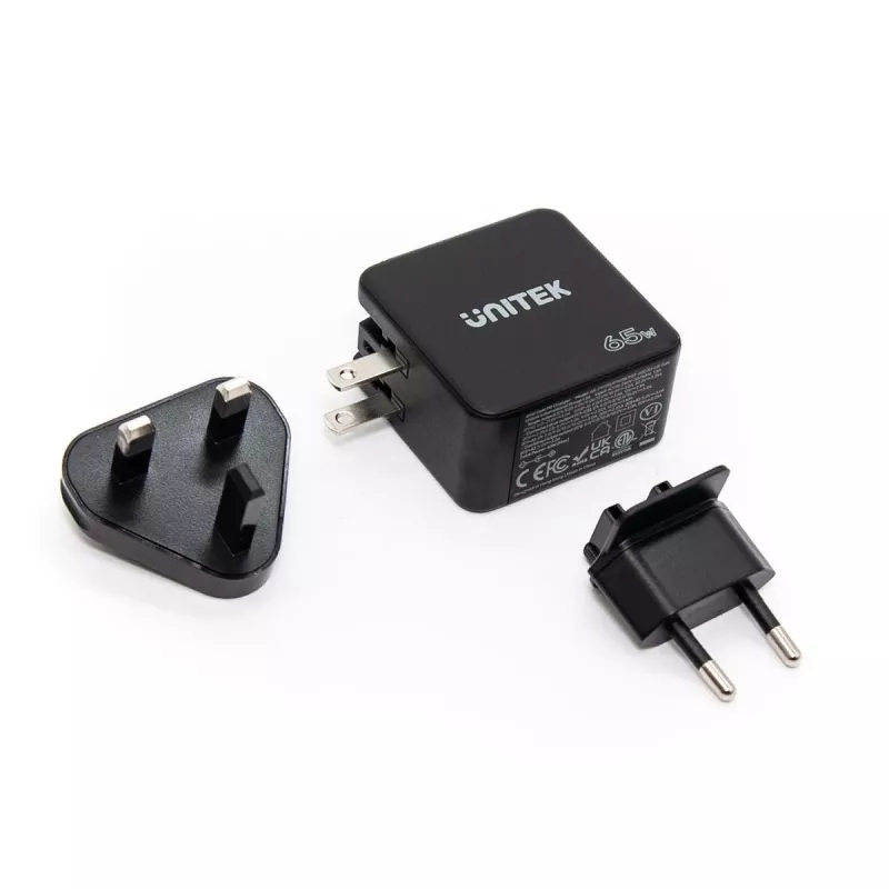 Unitek P1117B USB-C PD 65W Universal Mobile Charger, 2x USB‑C PD + 1x USB‑A, Black