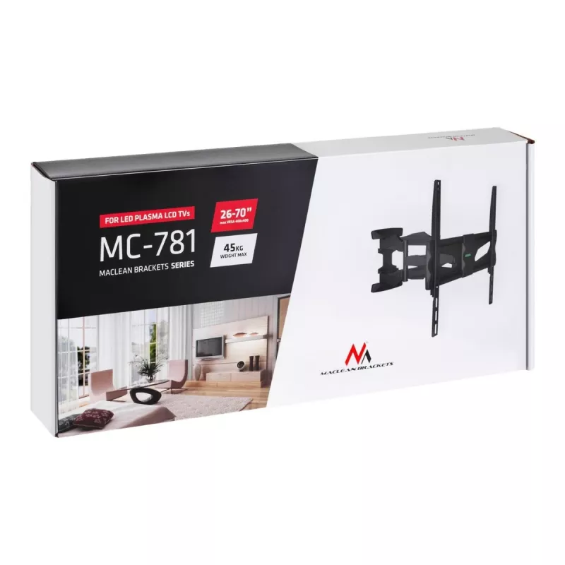 Wall TV mount MACLEAN MC-781 for 66–177.8 cm (26–70 inch) screens, tilt -12–2°, VESA 100x100–400x400, max load 45 kg, black