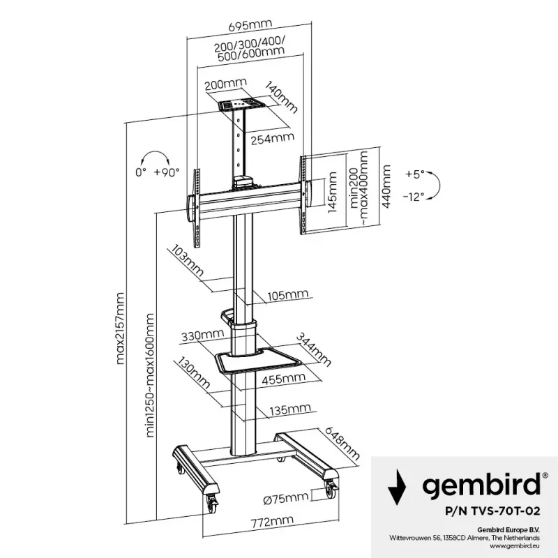Floor TV stand Gembird TVS-70T-02 for 37 inch–70 inch screens, max 70 kg, VESA 200x200–600x400, tilt ±5°/−12°, height adjustable, caster wheels, cable management