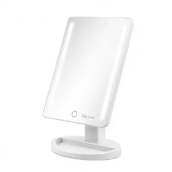 Freestanding Makeup Mirror Girmi BE04 — Rectangular 1x Magnification, White LED, USB/4×AA, 180° Rotation
