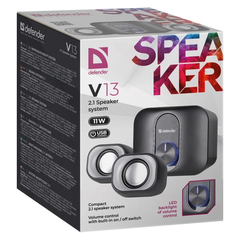 Desktop 2.1 Speakers DEFENDER V13 — 11W RMS (6W satellites, 5W subwoofer), USB powered, 3.5 mm input, black