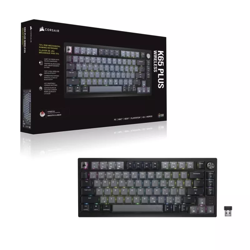 Corsair Gaming K65 Plus Wireless 75% RGB Gaming Keyboard, MLX RED - Black, Grey