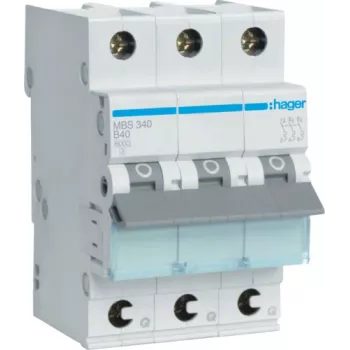 Hager MBS340. Rated Current: 40 A. Type: B-type, Module Quantity (max): 3 Module(e). Width: 52,5 mm, Depth: 70 mm, Height: 83,4 mm (MBS340)