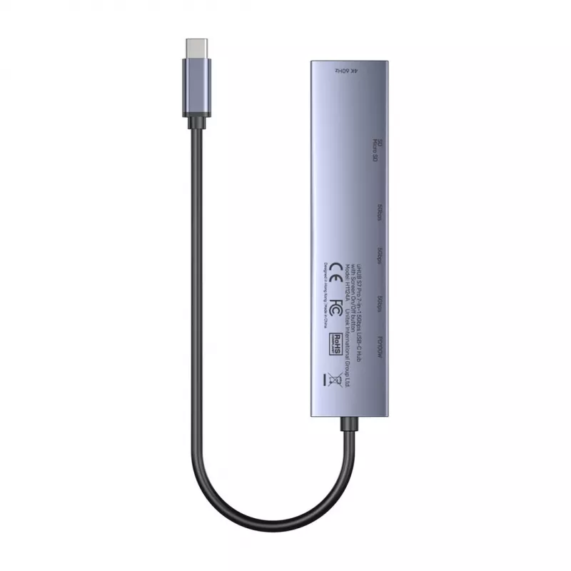 USB-C hub Unitek H1124AGY01 with 100W PD, HDMI 2.0, 2x USB‑A, 2x USB‑C, SD/microSD reader — aluminium