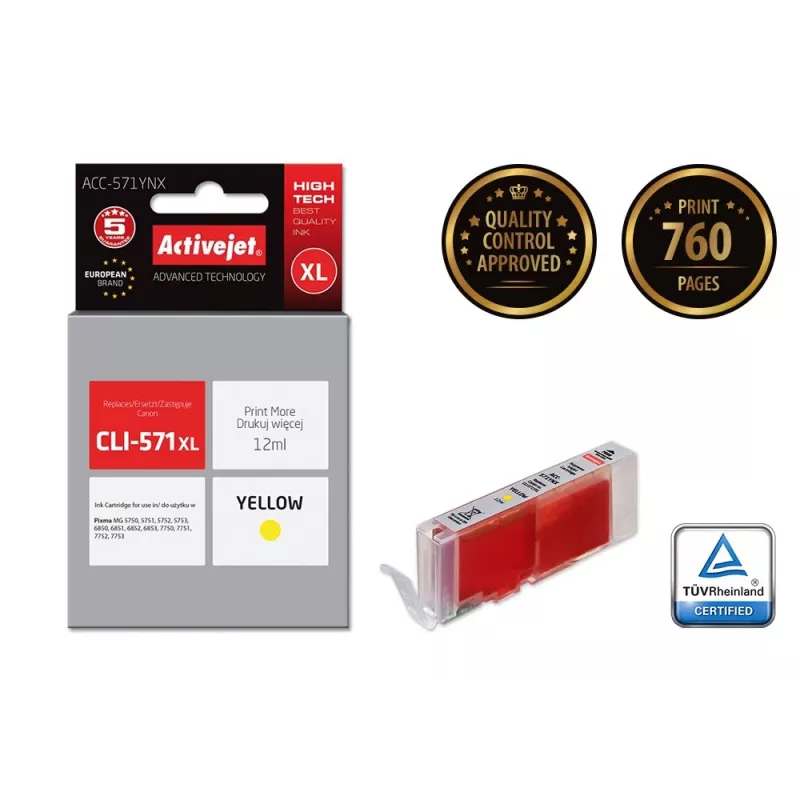 Activejet ACC-571YNX Ink (replacement for Canon CLI-571XLY; Supreme; 12 ml; yellow)