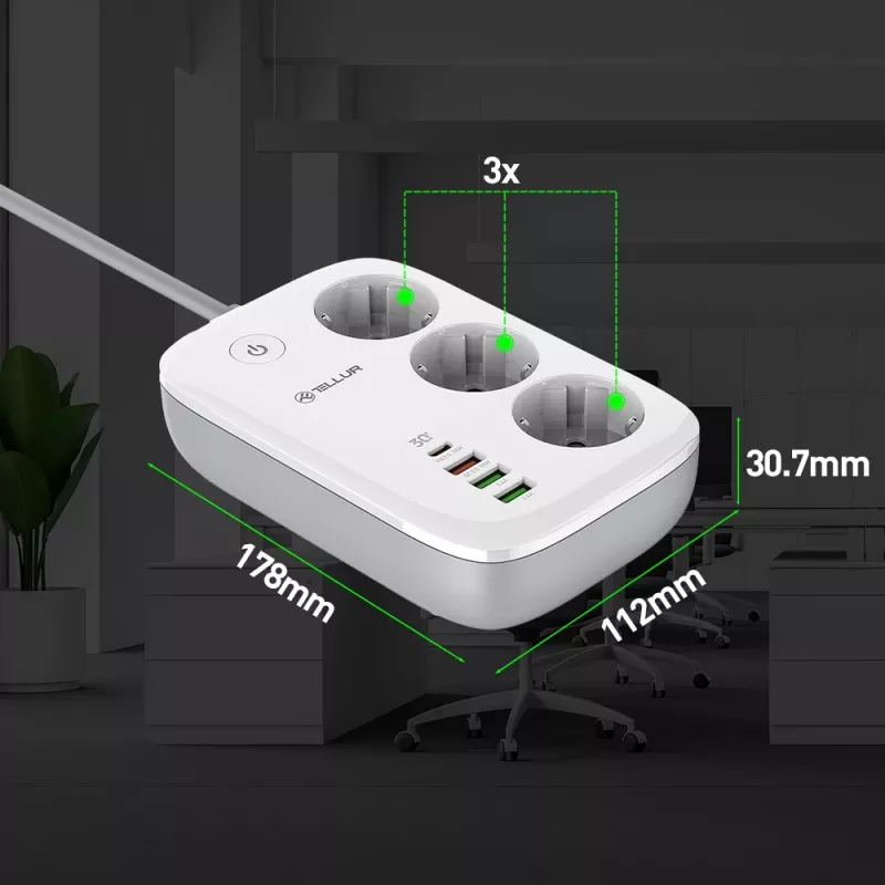 Power strip Tellur TLL331521 Smart WiFi power strip with 3 outlets, PD 30W, QC 18W
