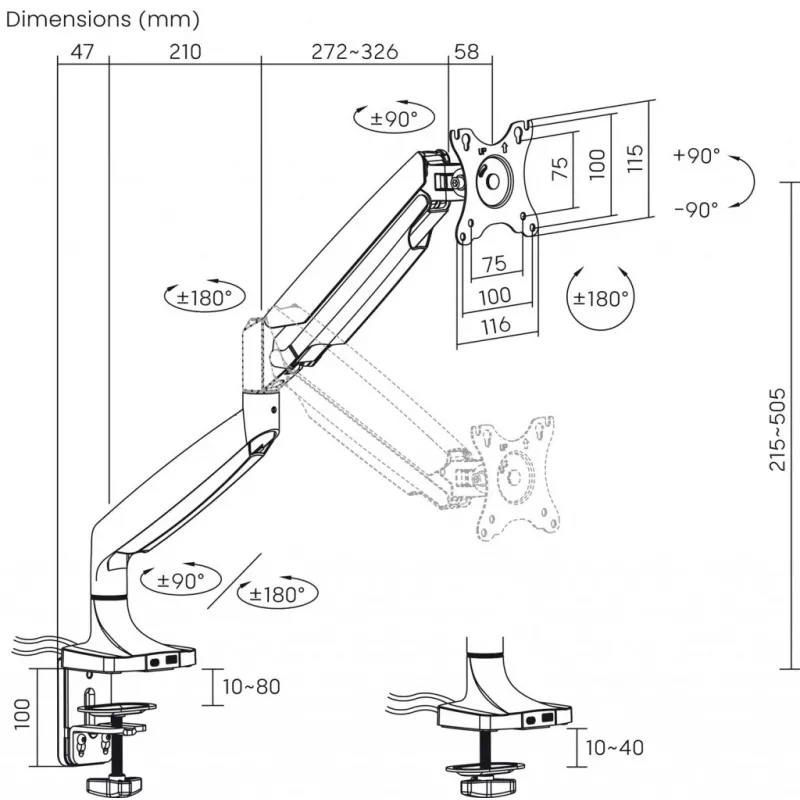 ART RAMM L-35HD Gas Spring Desk Mount for 1 Monitor 17-45 inch, USB-A and USB-C