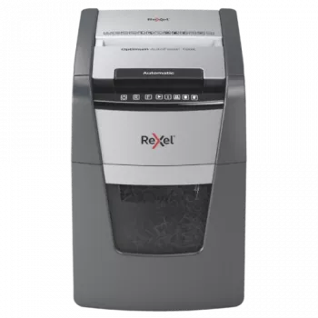 Paper shredder REXEL Optimum AutoFeed+ 100X — 100-sheet auto feed, 4 x 28 mm cross-cut, 34 L bin, aluminium