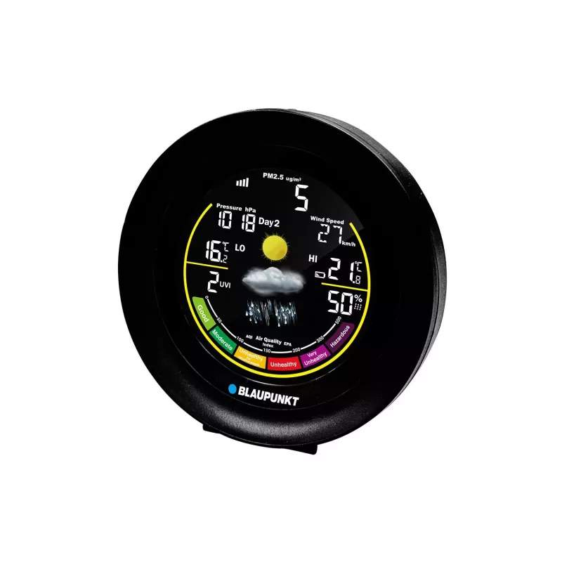 Weather station BLAUPUNKT WS35BK APP — LCD display, temperature & humidity, alarm, calendar, app connectivity, 94×94×27 mm