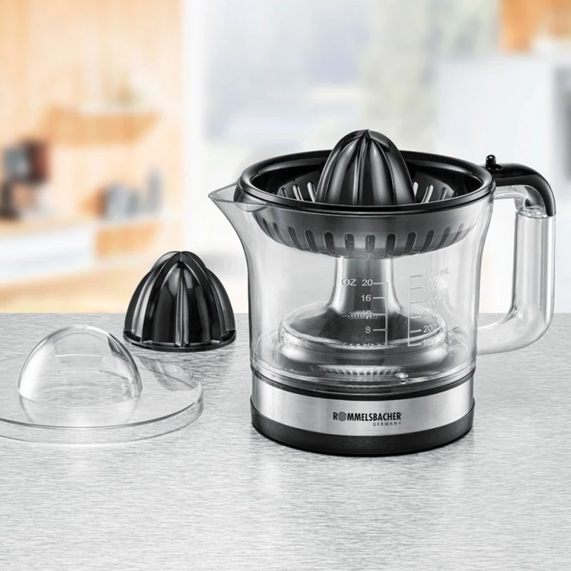 Rommelsbacher Citrus Press, 30 Watt Power, 600 ml Capacity, Clockwise/Counter-Clockwise Rotation, two press cones (ZP 50)