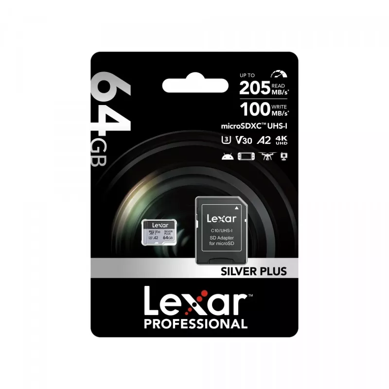 MicroSD Card Lexar 64GB UHS-I Class 3 SILVER PLUS