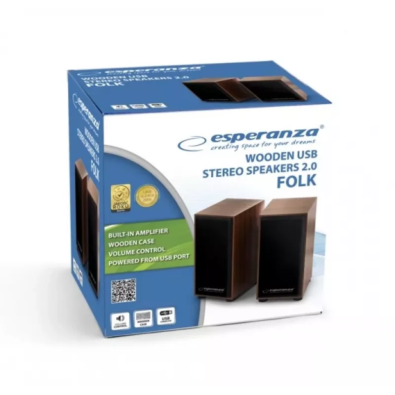 Speakers ESPERANZA EP122 2.0 wired desktop speakers, 2×6W RMS, wooden housing, rotary volume, 60–20000 Hz