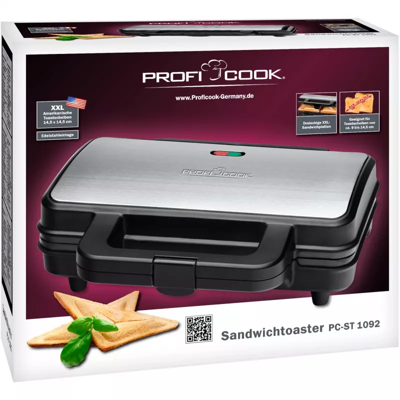 ProfiCook PC-ST 1092 - Sandwichmaker - 900 W - Stainless Steel/Black