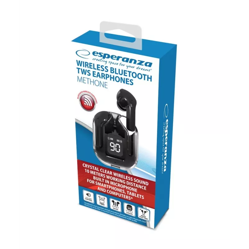 In-ear wireless headphones ESPERANZA EH238K — Bluetooth 5.3, 2.4 GHz, 10 m range, 230 mAh battery, touch control, black