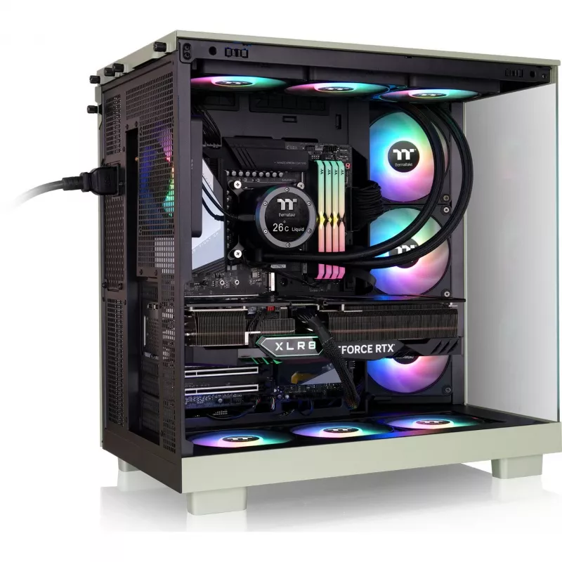 View 380 XL WS ARGB , Tower-Enclosure Light Green/Wood, Tempered Glass x 2, Wood Texture