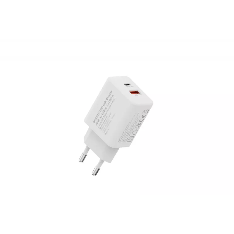 AC Indoor USB GaN Charger DIGITUS DA-10301 — 30W, 1× USB-C, 1× USB-A, 100–240V, white