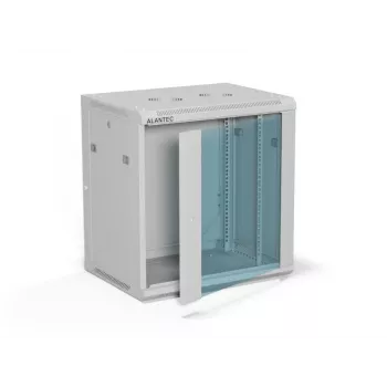 Wall-mount 19 inch cabinet Alantec 12U 600x450 mm, single glass door, removable full rear and side panels, lockable, 4 mounting rails, gray, flat pack