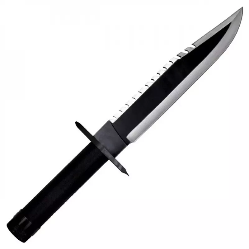 Fixed-blade survival knife cinema classic Rambo I CC-H1 — 360 mm overall, 225 mm serrated steel blade, black leather scabbard