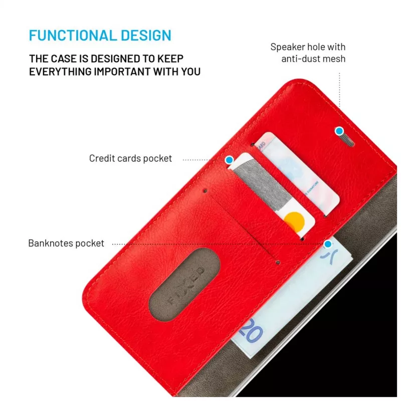 FIXED leather book case for Samsung Galaxy A36 5G — red, front-and-back protection, precise cutouts