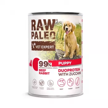 Wet dog food VETEXPERT RAW PALEO Duoprotein Beef & Rabbit Puppy 400 g, junior, grain-free, gluten-free
