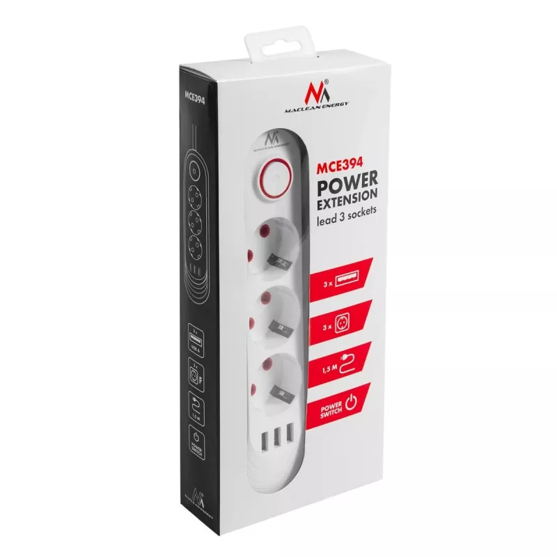 Power strip MACLEAN MCE394W — 3 sockets, 3×USB 2.1A, 110–240V AC, 2500W, 1.5 m cable, white
