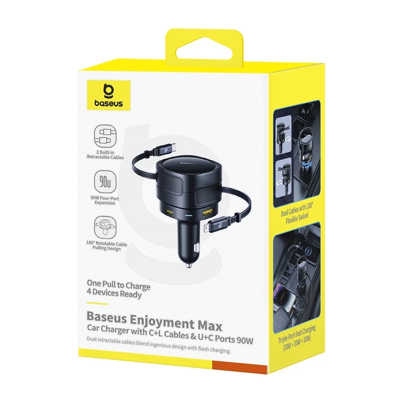Car Charger Baseus Enjoyment Max 90W with USB-C, Lightning and USB-A ports