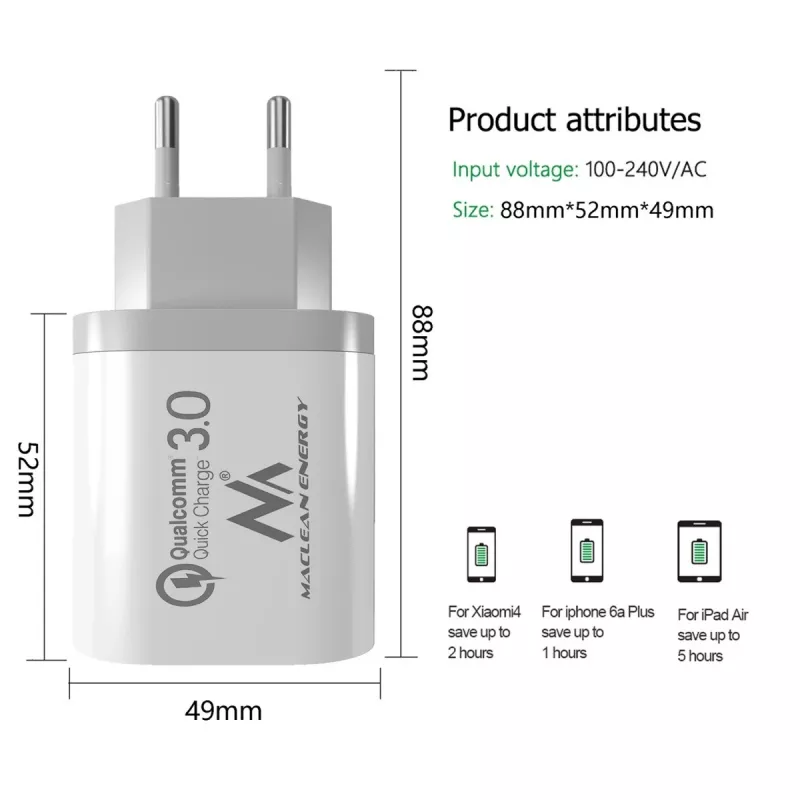 Wall charger MACLEAN MCE479W — 3‑port USB quick charger, 18W total output