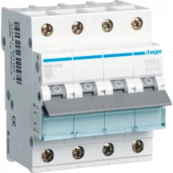 Hager MBN632. Rated Current: 32 A. Type: B-type, Module Quantity (max): 4 Module(e). Width: 70 mm, Depth: 70 mm, Height: 83 mm (MBN632)
