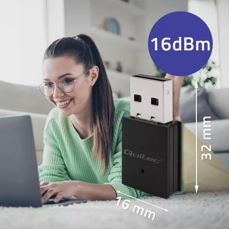 Wireless Mini USB Wi‑Fi Adapter QOLTEC 57007 — Single‑band 2.4 GHz, up to 150 Mbps, internal antenna