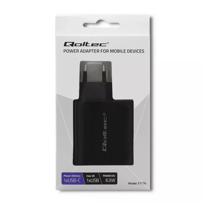 Power adapter QOLTEC 51716 — AC 220–240V to 20V 3A (63W), black, indoor universal charger