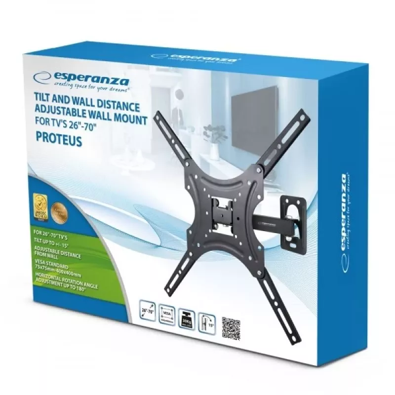 TV wall mount ESPERANZA PROTEUS for 26–70 inch (66–177.8 cm), tilt ±15°, swivel 120°, VESA 75×75–400×400, max load 55 kg, black