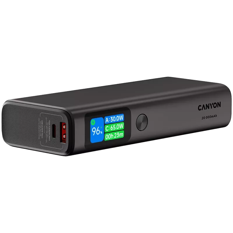Canyon OnPower 230 TFT power bank, 20000 mAh, PD 130 W, 2x USB-C + USB-A, metal case, Dark Grey