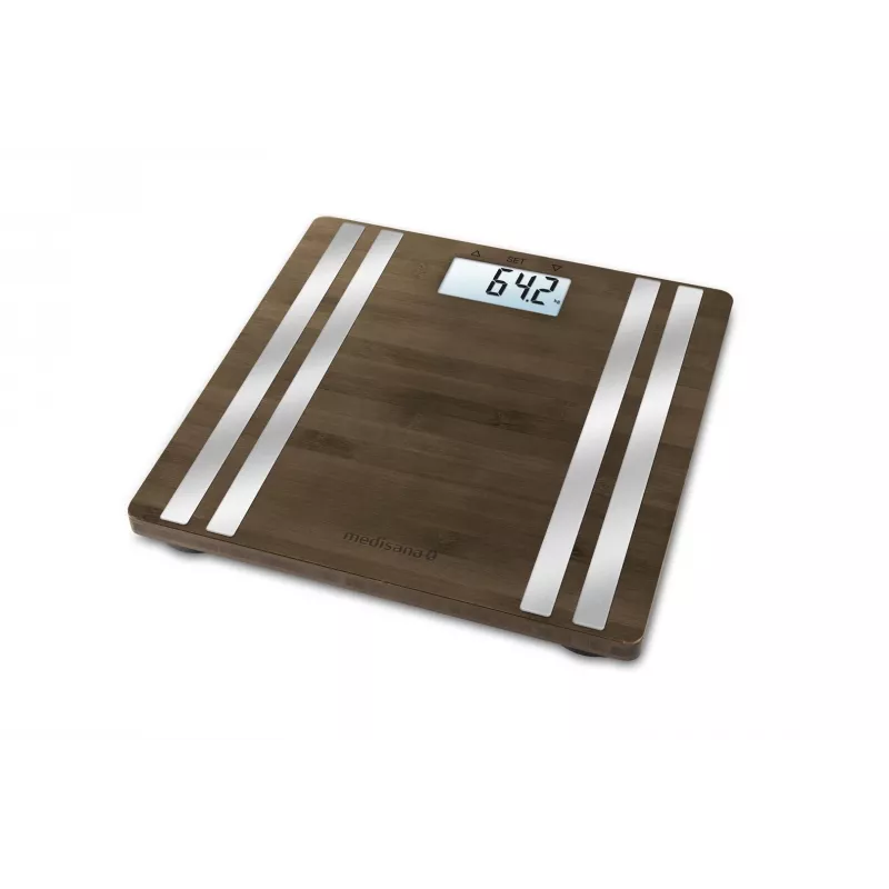 Electronic personal scale Medisana BS 552 — silver bamboo top, max 180 kg, 100 g accuracy, Bluetooth, BMI, body composition