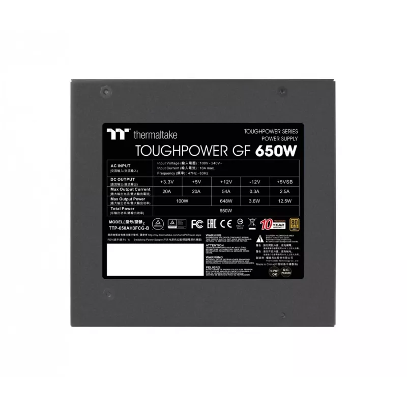 Power supply THERMALTAKE Toughpower ATX 650W Gold, 80 PLUS Gold, 650 W, ATX, 90 mm fan, 20+4 pin, 1x PCIe (6+2), 3x SATA, 2x Molex