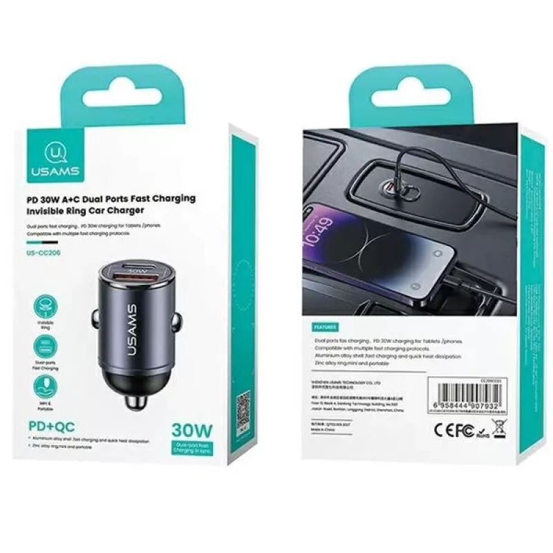 Car charger usams C38 30W — 1x USB-A + 1x USB-C fast charge