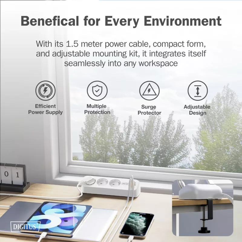 Power strip DIGITUS 3-way with 2×USB-A and 1×USB-C, 3 AC outlets Type E/F, 1.5 m cable, white