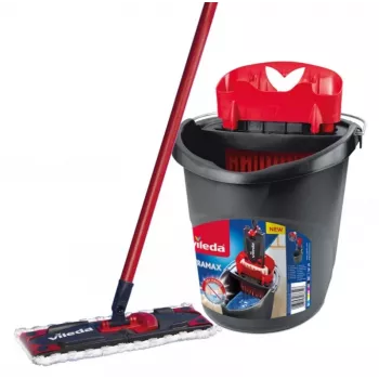 Floor mop VILEDA Ultramax BOX 177453 with refillable microfiber head, wringer bucket, 3 washable wipes, black
