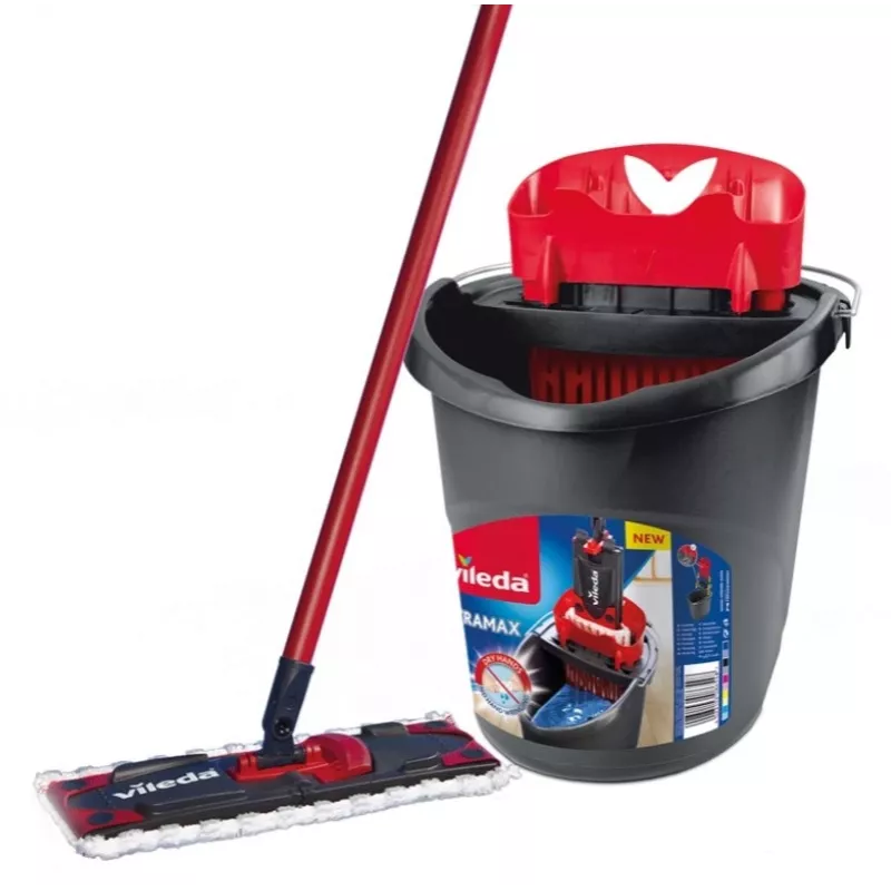 Floor mop VILEDA Ultramax BOX 177453 with refillable microfiber head, wringer bucket, 3 washable wipes, black