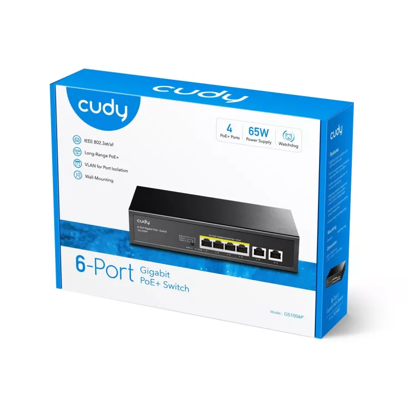Network switch Cudy GS1006P Unmanaged Gigabit Ethernet 6-port PoE, 12 Gbit/s, 2048 MAC, Black