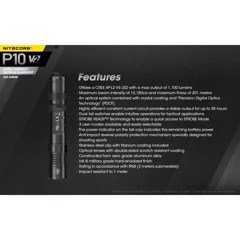 Tactical flashlight Nitecore P10 V2 — 1000 lm, IP68 waterproof, shockproof, 95 g, 18650/CR123 compatible
