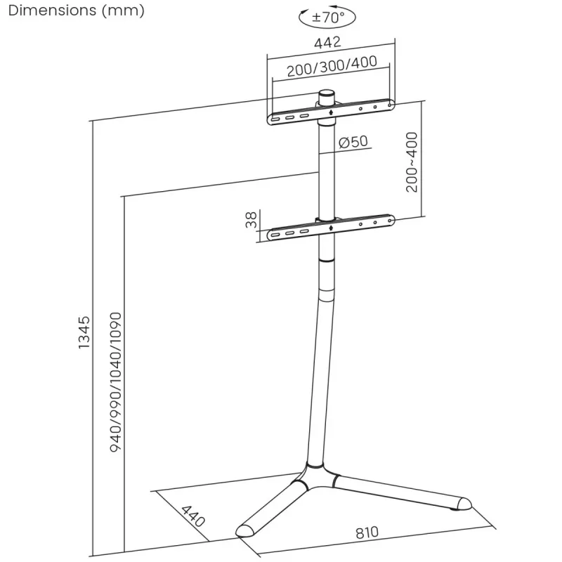 TV floor stand MACLEAN MC-494 for 32 inch–70 inch TVs, VESA up to 400×400 mm, max load 40 kg, tilt 70°