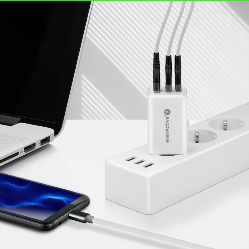 Power charger everActive SQ-655Q 65W, 1×USB-A + 2×USB-C fast charging