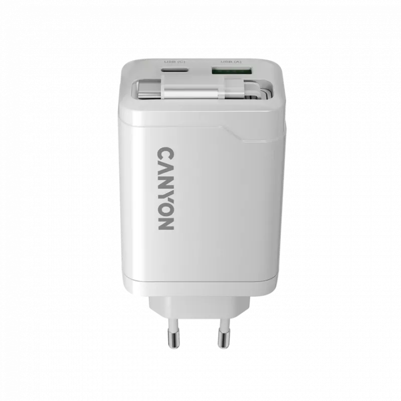 CANYON charger OnCharge 65RC with built-in USB-C cable 65W, 1x PD, 1x QC, EU plug, White