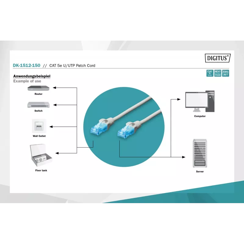 Digitus DK-1512-150 RJ45 Network Cable CAT 5e U/UTP Grey 15m